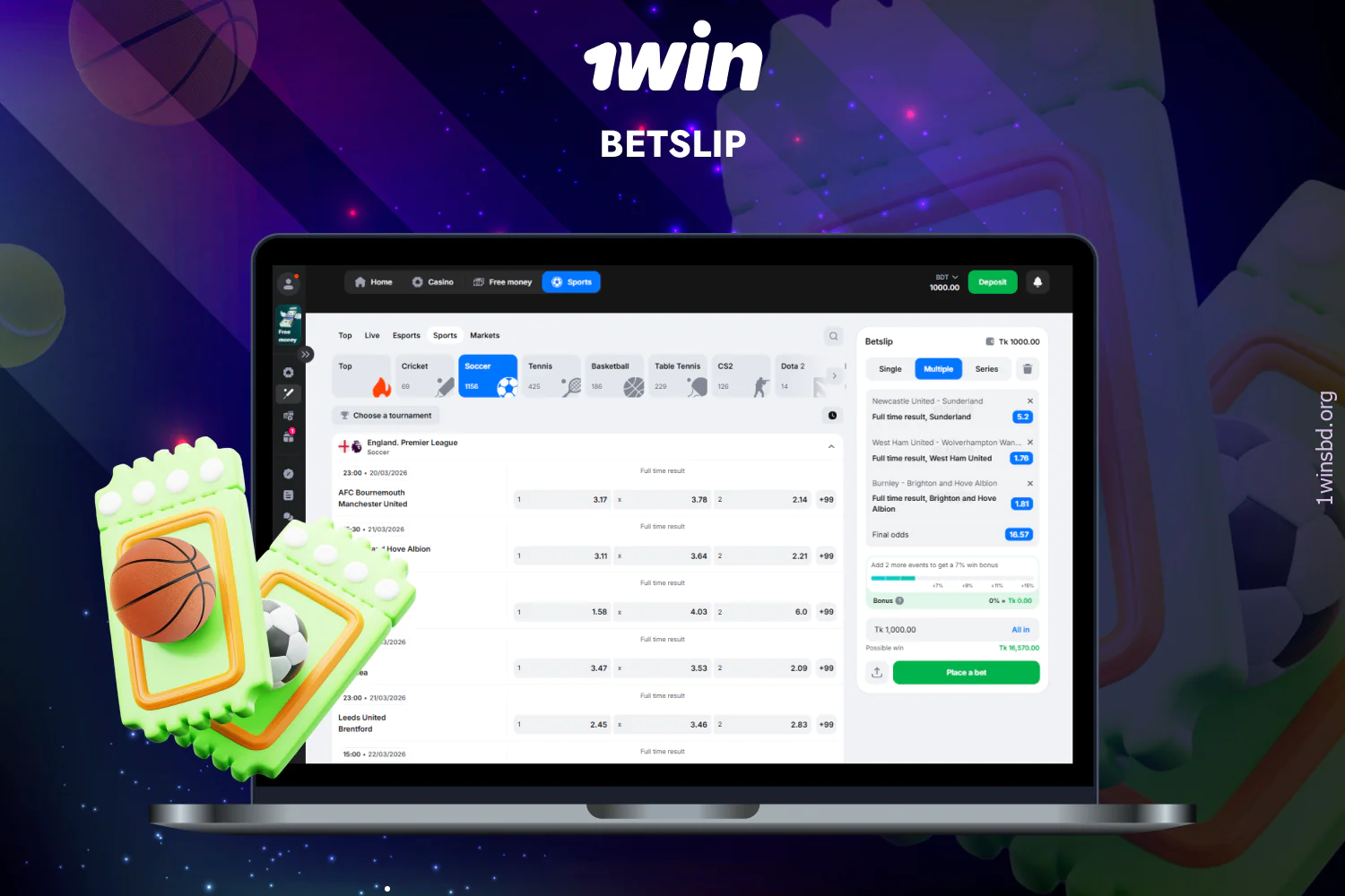 The 1win betting sheet displays all information about the current bet - players from Bangladesh can view added matches, odds, bet type and more