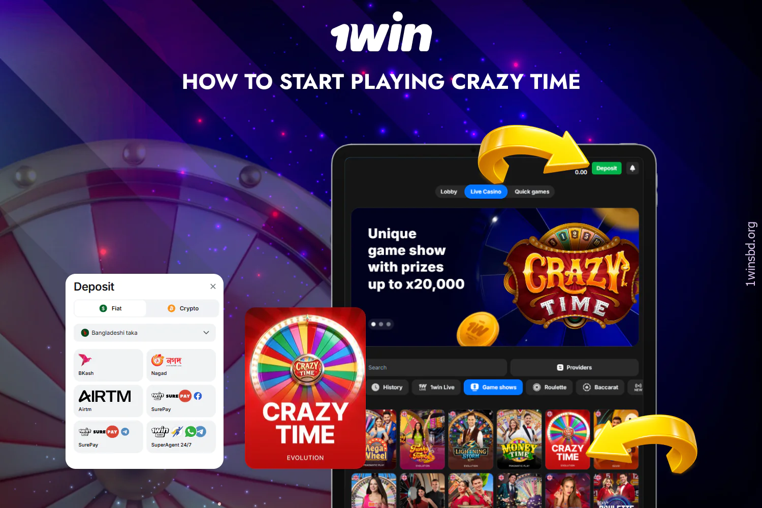 How to access the Crazy Time live game at 1win Bangladesh