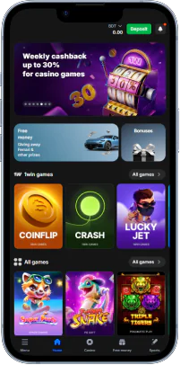 The main page of the 1win mobile app contains the most important sections